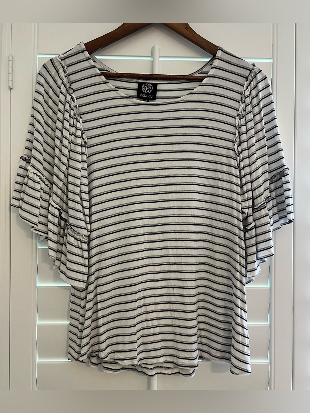 Bobeau White, Black and Gray Striped Flutter Sleeve Tee